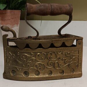 Vintage Victorian Brass Coal Iron with Wood Handle - Paper Weight, Door Stop